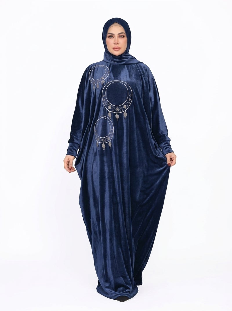 Luxury Navy Blue Abaya with Classic Embroidered Bead Design, Suitable for Formal & Daily Occasions, Elegant Navy Blue Color - Size free 80-120kg - Image 3