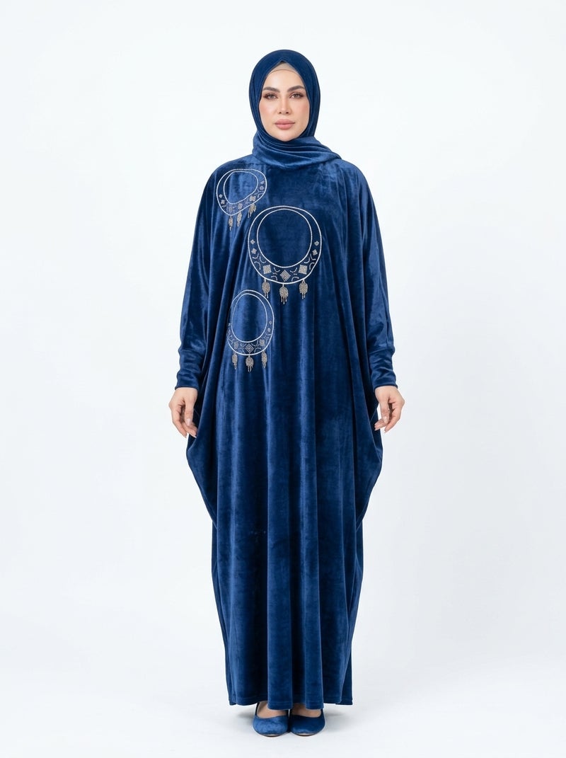 Luxury Navy Blue Abaya with Classic Embroidered Bead Design, Suitable for Formal & Daily Occasions, Elegant Navy Blue Color - Size free 80-120kg - Image 1