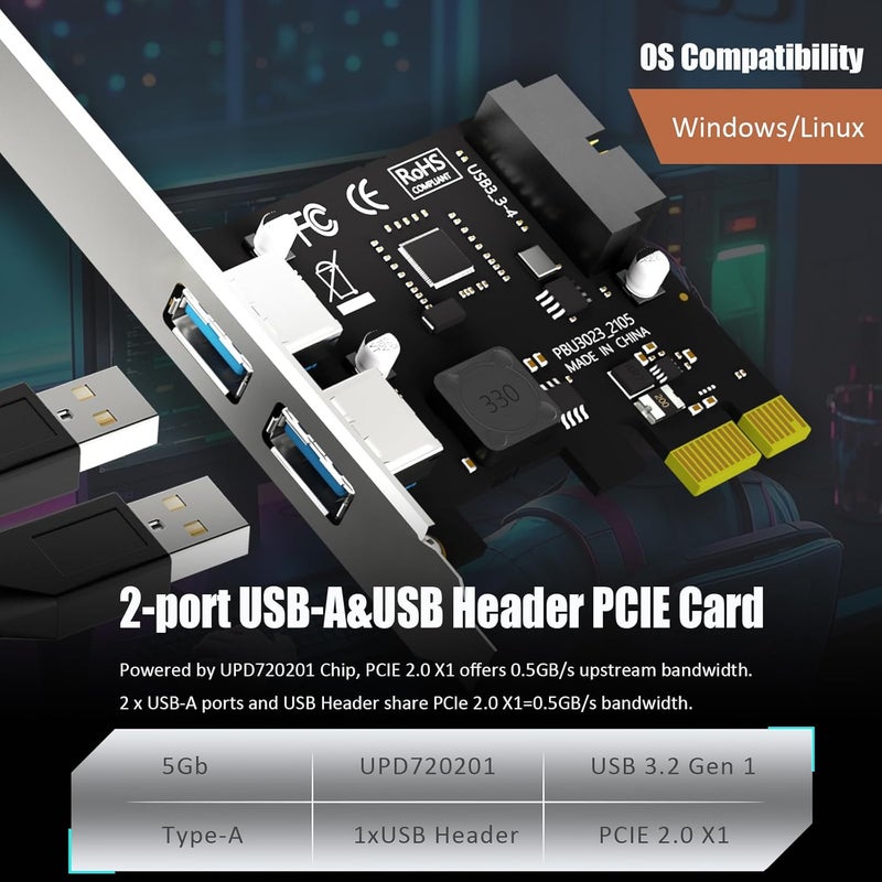 GLOTRENDS GLOTREND U3055-N 2-Port PCIe USB-A Expansion Card with 19Pin USB Header for Front Panel, Compatible with Windows Linux (Not for Mac OS) - Image 3