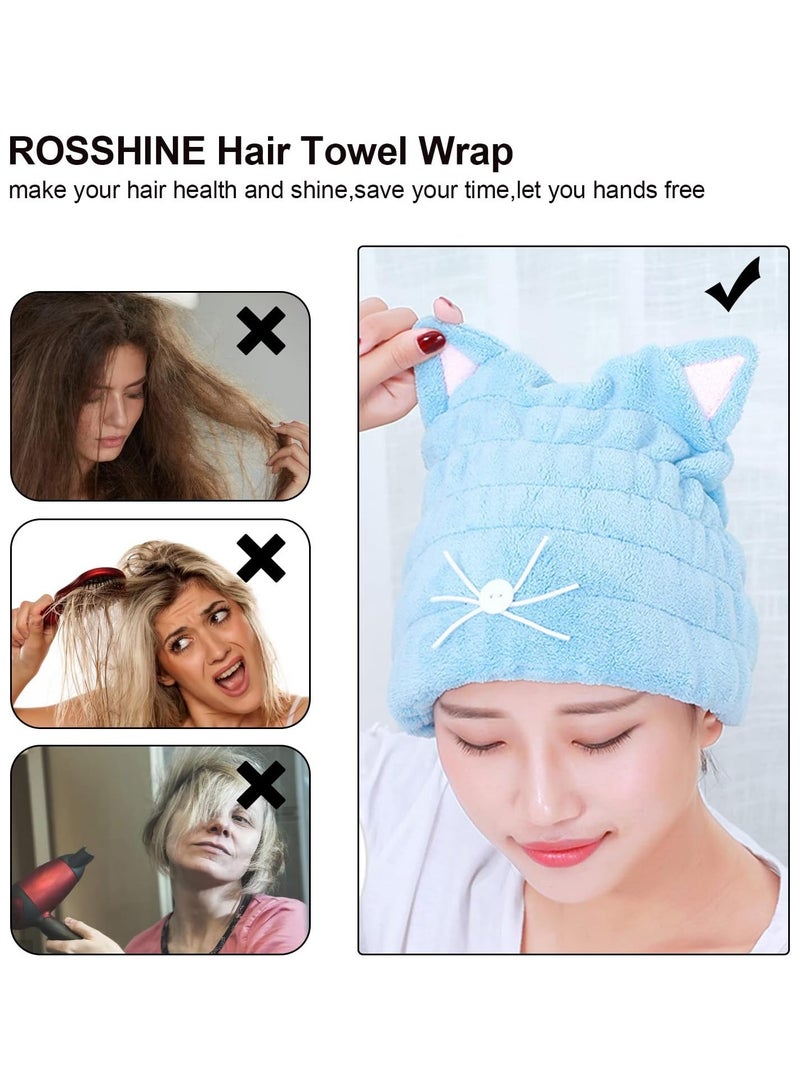 2 Pcs Dry Hair Hat Hair Drying Towels for Women Quick Drying Bath Cap Microfiber Dry Hair Cap Quick Drying Hair Wrap with Cute Cat Ears Super Absorbent Coral Fleece Hair Towel for Women Kids Girls - Image 4