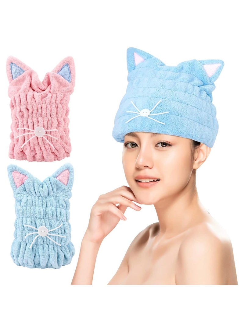 2 Pcs Dry Hair Hat Hair Drying Towels for Women Quick Drying Bath Cap Microfiber Dry Hair Cap Quick Drying Hair Wrap with Cute Cat Ears Super Absorbent Coral Fleece Hair Towel for Women Kids Girls - Image 1