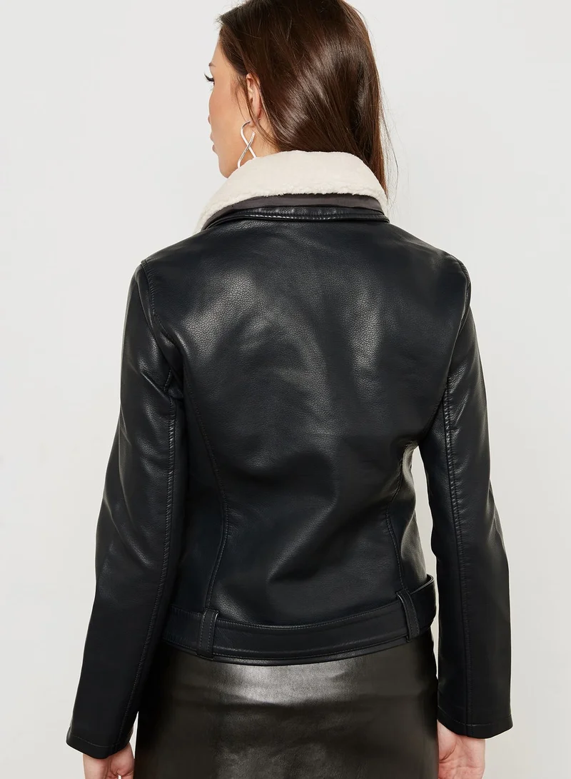 TOPSHOP Faux Fur Collar Biker Jacket