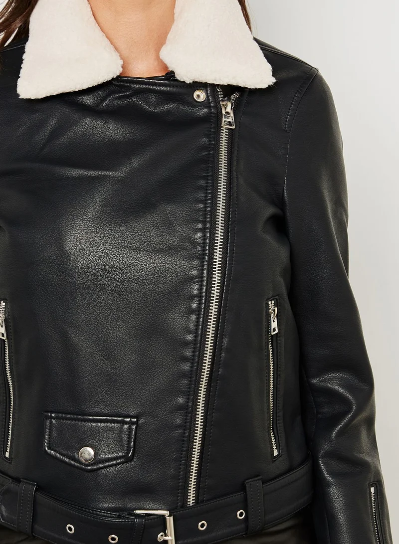 TOPSHOP Faux Fur Collar Biker Jacket