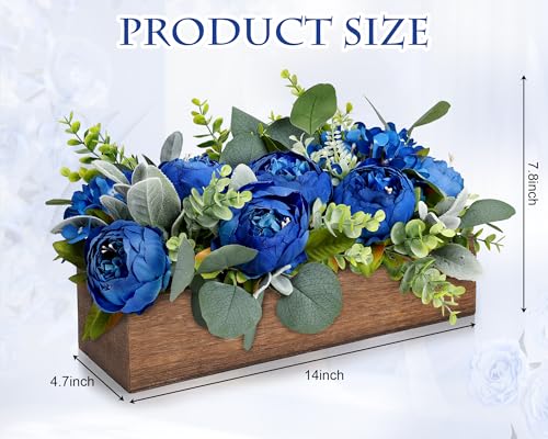 Scawim Royal Blue Flower Centerpieces for Table, Pre-Made Artificial Peony Hydrangea Centerpieces for Dining Table Wood Fake Flowers Decorations for Wedding Room Living Room Office Bar Kitchen Table - Image 2