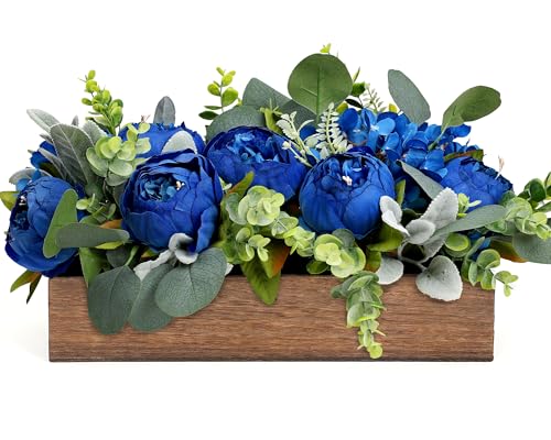 Scawim Royal Blue Flower Centerpieces for Table, Pre-Made Artificial Peony Hydrangea Centerpieces for Dining Table Wood Fake Flowers Decorations for Wedding Room Living Room Office Bar Kitchen Table - Image 1