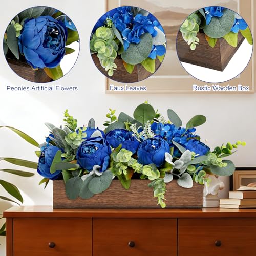 Scawim Royal Blue Flower Centerpieces for Table, Pre-Made Artificial Peony Hydrangea Centerpieces for Dining Table Wood Fake Flowers Decorations for Wedding Room Living Room Office Bar Kitchen Table - Image 3