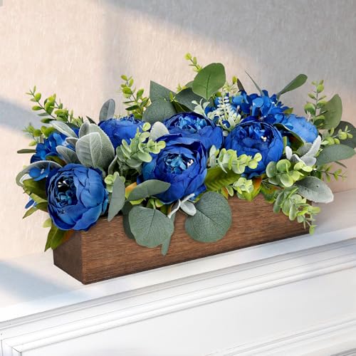 Scawim Royal Blue Flower Centerpieces for Table, Pre-Made Artificial Peony Hydrangea Centerpieces for Dining Table Wood Fake Flowers Decorations for Wedding Room Living Room Office Bar Kitchen Table - Image 5