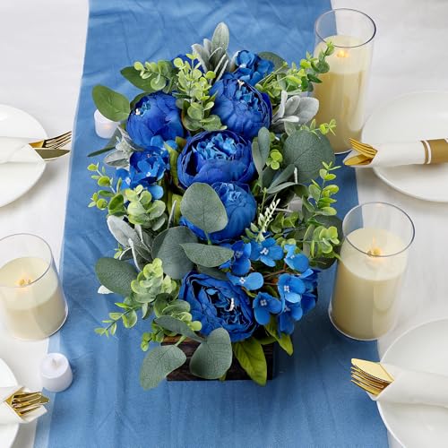 Scawim Royal Blue Flower Centerpieces for Table, Pre-Made Artificial Peony Hydrangea Centerpieces for Dining Table Wood Fake Flowers Decorations for Wedding Room Living Room Office Bar Kitchen Table - Image 4