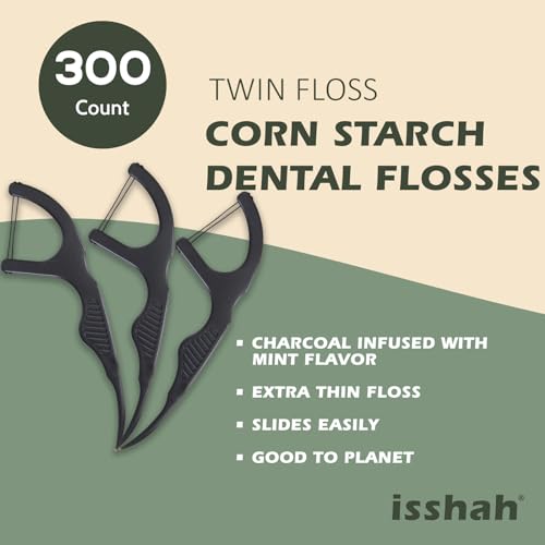 Isshah Natural Dental Floss Picks 300 Count Kraft Paper Box Packaging Plant Based PETA Approved Vegan Eco Friendly Sustainable Dental Flossers Twin Floss Charcoal - Image 5