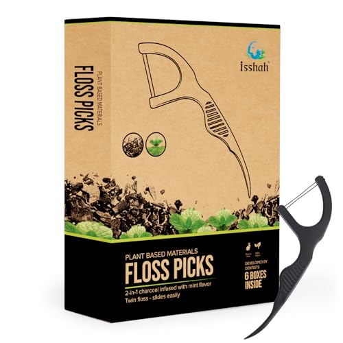 Isshah Natural Dental Floss Picks 300 Count Kraft Paper Box Packaging Plant Based PETA Approved Vegan Eco Friendly Sustainable Dental Flossers Twin Floss Charcoal - Image 2