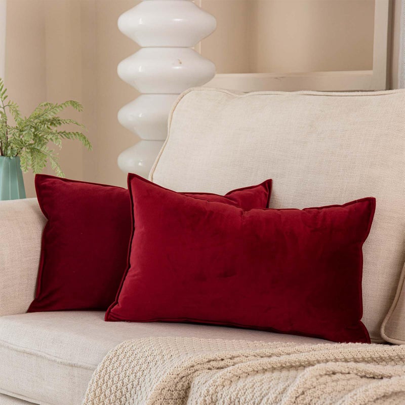 JUSPURBET 12x20 Pillow Covers Set of 2 Decorative Throw Pillow Covers Case for Couch Sofa Bed Soft Velvet Lumbar Cushion Covers with Hidden Zipper for Home Decor Living RoomRed Wine