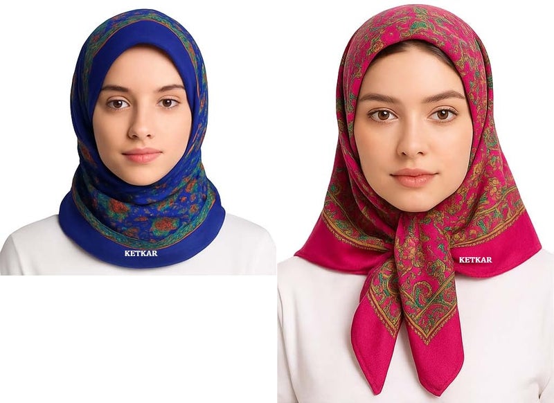 KETKAR Women’s Winter Woolen Headwear | Fashion Printed Head Scarf Cap for Girls & Women | Soft & Stylish | Free Size (Pack of 2) (Blue & Pink) - Image 1