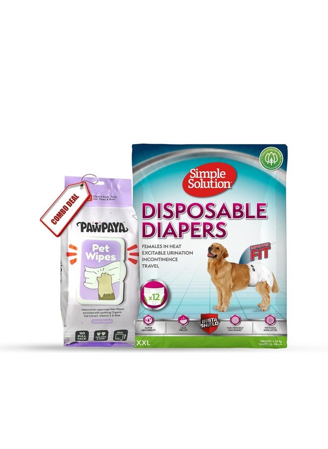 Simple Solution Disposable Dog Diapers For Female Dogs, (Xxl) And Pawpaya 5 In 1 Multipurpose 100 Pull Pack Plant-Based Pet Cleaning Wipes  - Image 1