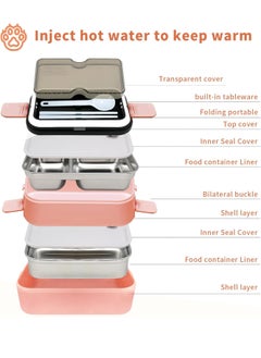 Yoawllty Large Lunch Box, 4 in 1 Lunch Box Set with Insulated Lunch Bag and Utensil Set, Leak-proof 2 Layer Large Capacity Lunch Box(Pink)  - Image 2