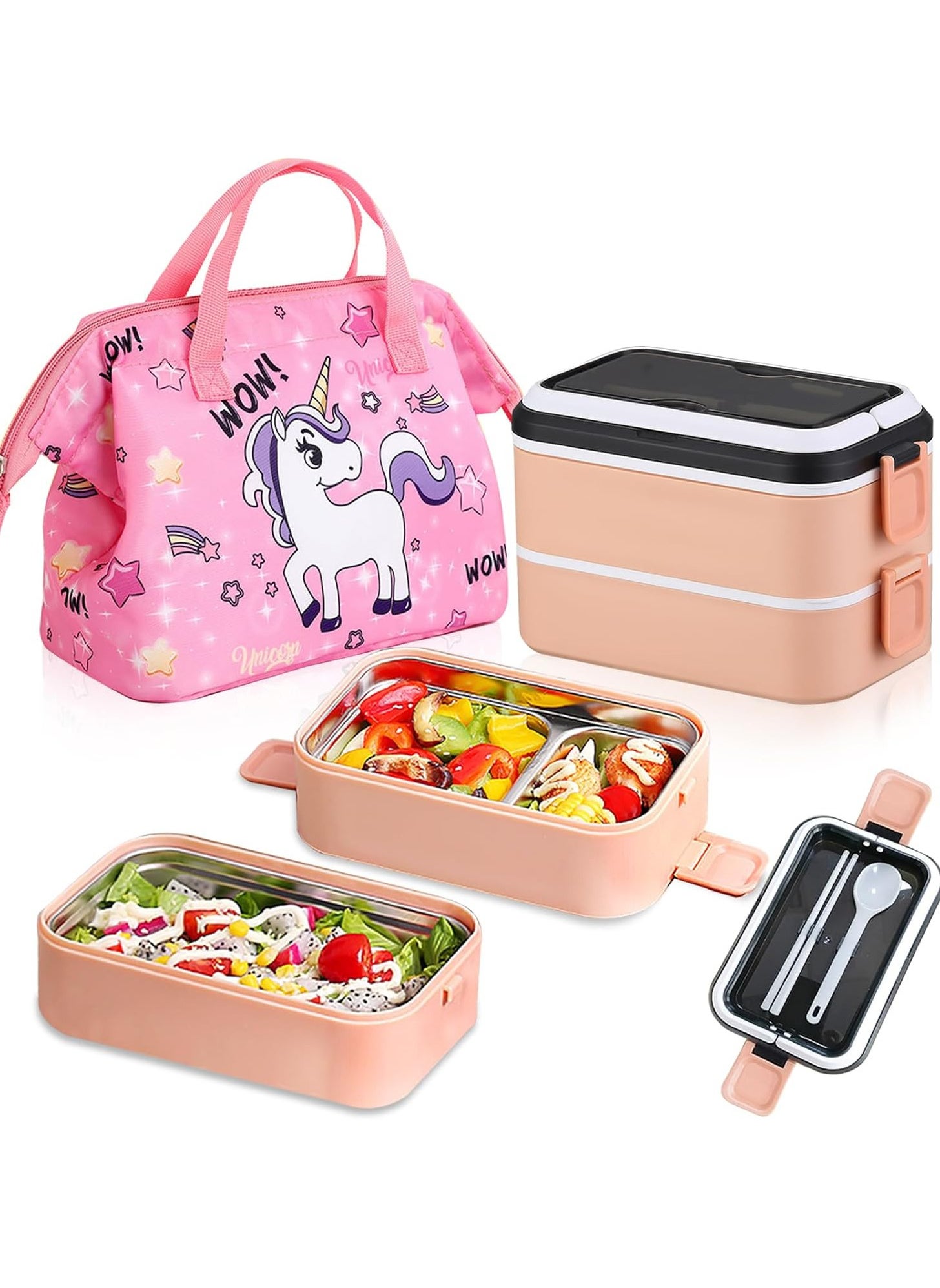 Lunch Box for Kids School, 4 in 1 Lunch Box Set with Insulated lunch Bag and Utensil Set,Leak-proof 3 Layer Large Capacity Lunch Box for Kids&Adults (Pink) 