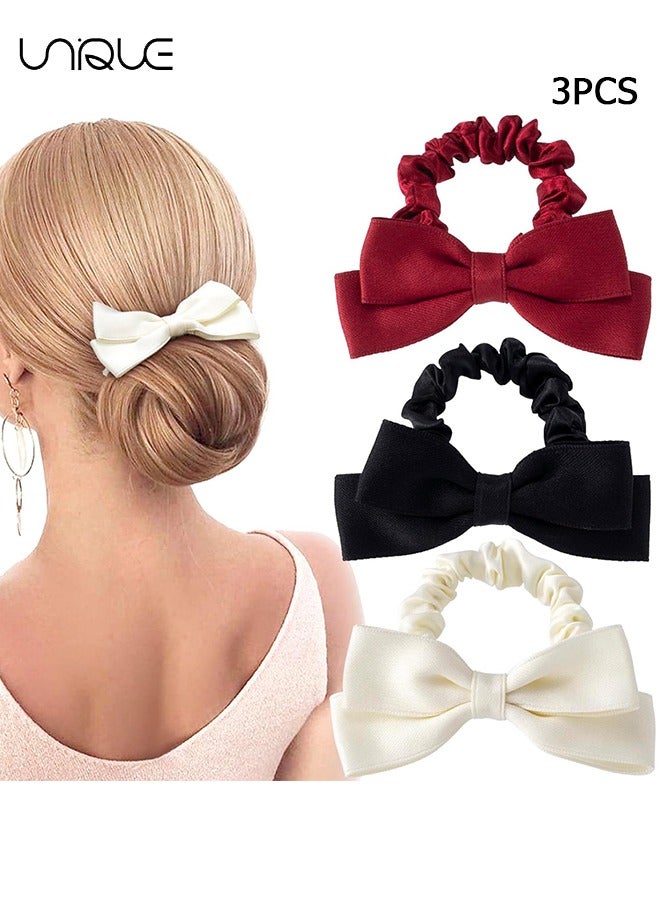 Unique 3 Pcs Silk Bow Scrunchies - Satin Bowknot Ponytail Holder Elastic Bands Hair Ties Ropes Wedding Hair Accessories for Women (Black/Red/White) - Image 1