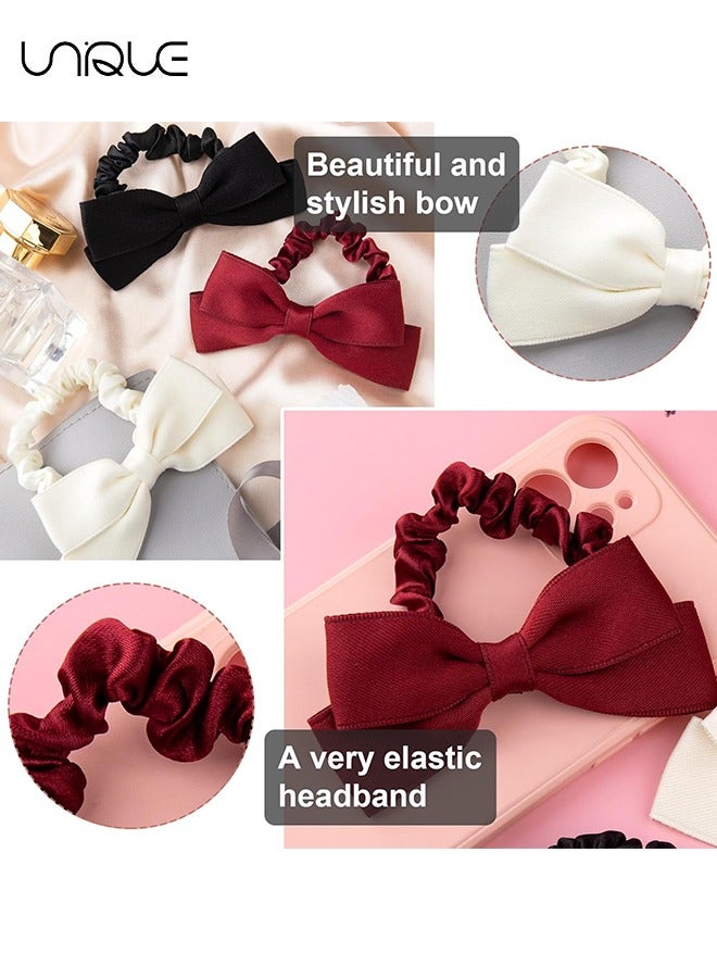Unique 3 Pcs Silk Bow Scrunchies - Satin Bowknot Ponytail Holder Elastic Bands Hair Ties Ropes Wedding Hair Accessories for Women (Black/Red/White) - Image 3