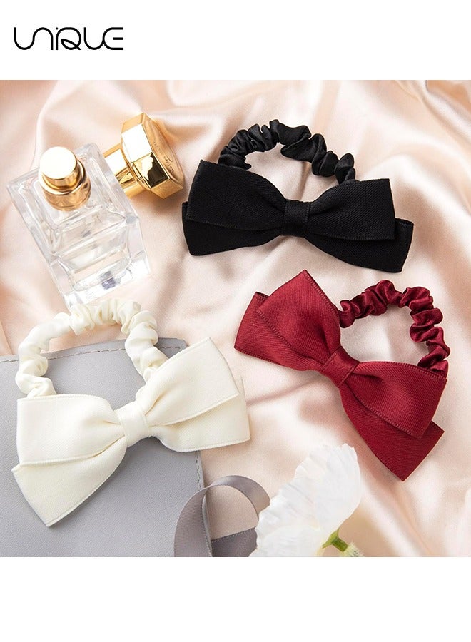 Unique 3 Pcs Silk Bow Scrunchies - Satin Bowknot Ponytail Holder Elastic Bands Hair Ties Ropes Wedding Hair Accessories for Women (Black/Red/White) - Image 5