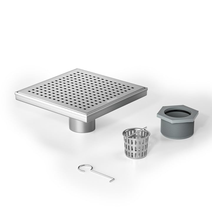 Bernkot Square Shower Drain 8 304 Stainless Steel Floor Drain with Grid Drain Cover Hair Strainer Retrofit Shower Drain wCUPC Certified Brushed