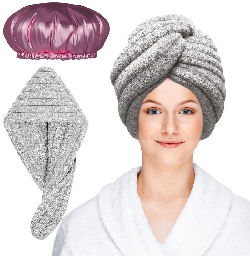Microfiber Hair Towel Wrap  Shower Cap Set Quick Dry Super Absorbent AntiFrizz Turban  Reusable Waterproof Bath Hat for Women Adjustable Fit for Curly Long  All Hair Types