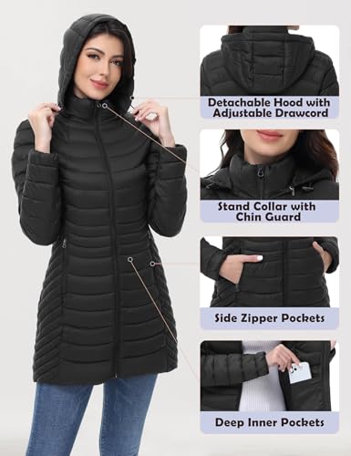 MIDNIGHTSUN Women’s Packable Puffer Jacket Lightweight Puffer Coat Mid-length Hooded Warm Winter Puffy Jacket (Black, XXL) - Image 4