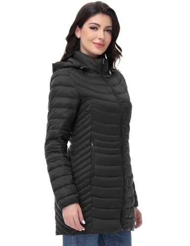 MIDNIGHTSUN Women’s Packable Puffer Jacket Lightweight Puffer Coat Mid-length Hooded Warm Winter Puffy Jacket (Black, XXL) - Image 2