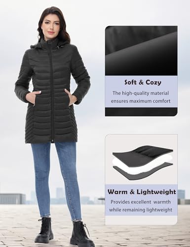 MIDNIGHTSUN Women’s Packable Puffer Jacket Lightweight Puffer Coat Mid-length Hooded Warm Winter Puffy Jacket (Black, XXL) - Image 5