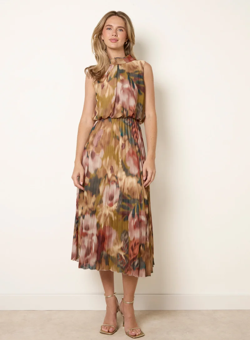 Blue Vanilla  Sleeveless Cowl Neck Pleat Dress for Women | Best Price UAE