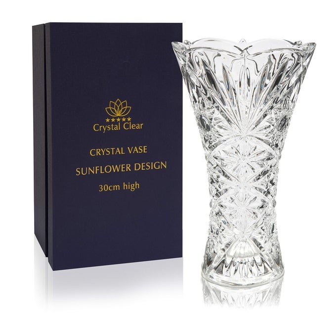 CRYSTAL VASE 30CM HIGH FOR FLOWERS DECOR SUNFLOWER DESIGN ETERNAL LOVE FOR HOME NICE SHINY ADORABLE SUITABLE FOR ALL OCCASIONS PERFECT AS A GIFT