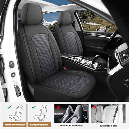 CAROMOP Premium PU Leather&Flannel Car Seat Covers Full Seats,Split Bench Compatible Car Interior Covers, Universal Fit Most Car Sedan Truck SUV(5-Seat Black/Grey) - Image 2