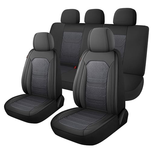 CAROMOP Premium PU Leather&Flannel Car Seat Covers Full Seats,Split Bench Compatible Car Interior Covers, Universal Fit Most Car Sedan Truck SUV(5-Seat Black/Grey) - Image 1