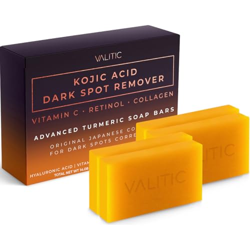 VALITIC Kojic Acid Dark Spot Remover Soap Bars with Vitamin C Retinol Collagen Turmeric Original Japanese Complex Infused Hyaluronic Acid E Shea Butter Castile Olive Oil 4 Pack