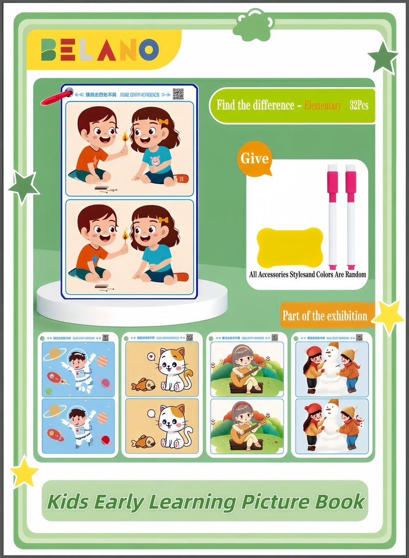 BELANO Find The Differences Early Development Toys Beginner Level 4 Differences, Erasable Picture Cards Cognitive Focus Training Game for Kids Age 3-6 - Image 1