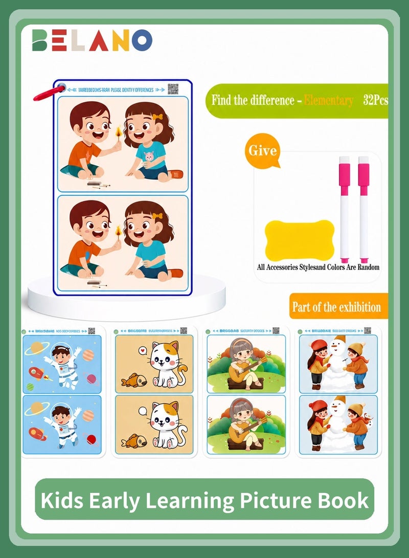 BELANO Find The Differences Early Development Toys Beginner Level 4 Differences, Erasable Picture Cards Cognitive Focus Training Game for Kids Age 3-6 - Image 1