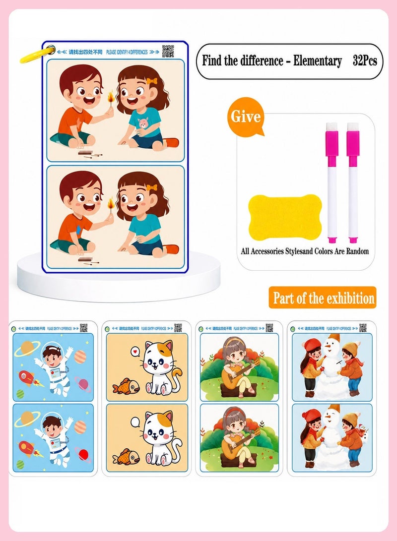 BELANO 32 Pcs Spot the Difference Cards Set for Kids, Reusable Dry Erase Activity Cards with 2 Markers & 1 Eraser, Focus Concentration Training Educational Toys for Boys Girls - Image 2