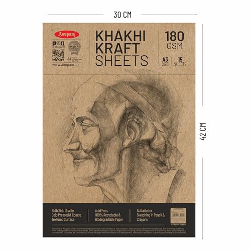 Anupam A3 Kraft Paper | Brown Colour Loose Sheets | 100% Recyclable Acid Free Sheet | 180 GSM | 15 Sheet / 30 Pages | Ideal for Pencil Drawing Doodling Sketching - Image 2