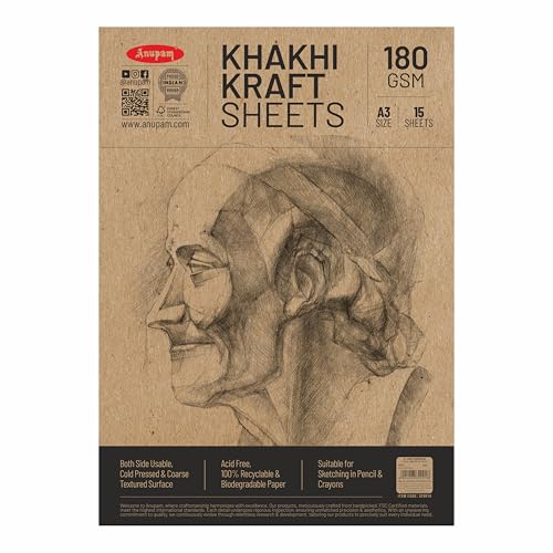 Anupam A3 Kraft Paper | Brown Colour Loose Sheets | 100% Recyclable Acid Free Sheet | 180 GSM | 15 Sheet / 30 Pages | Ideal for Pencil Drawing Doodling Sketching - Image 1