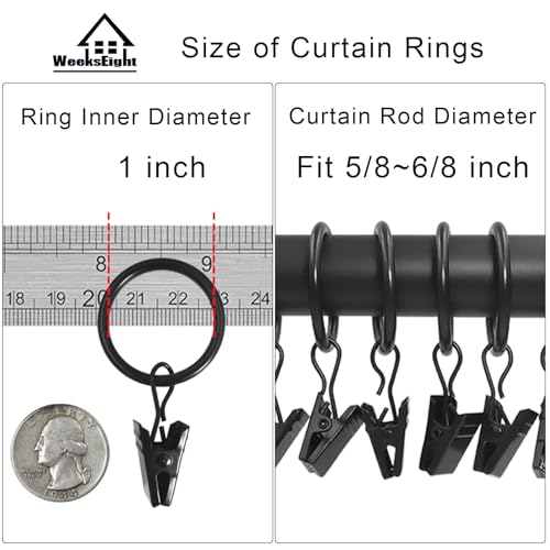 WeeksEight 44 Pack Black Curtain Rings with Clips, Curtain Hooks Hangers Clip Rings for Hanging Drapes Bows Hat, Drapery Rings 1 in I D, Fits up to 5/8 in Diameter Curtain Rod. - Image 3
