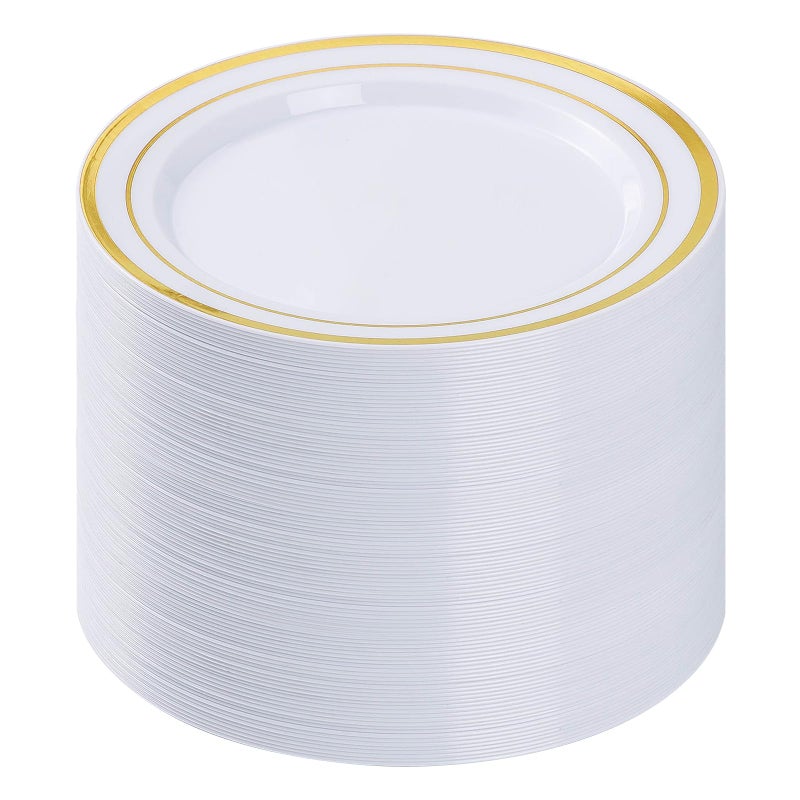 BESTVIP 100PCS Gold Plastic Plate 1025 Inch Disposable Dinner Plate Party with Gold Rim Heavy Duty Disposable Plastic Plates for Party Wedding and Birthday