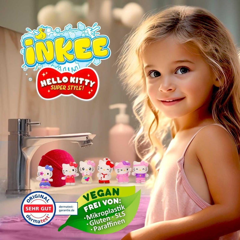 إنكي حزمة INKEE Hello Kitty المكونة من 3 قنابل استحمام للأطفال مع مفاجأة - 3 من أصل 6 تماثيل Hello Kitty للجمع - 3 × قنابل استحمام 80 غرام برائحة البطيخ وزيت الجوجوبا، وردية أو حمراء - Image 3