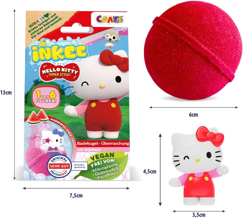 إنكي حزمة INKEE Hello Kitty المكونة من 3 قنابل استحمام للأطفال مع مفاجأة - 3 من أصل 6 تماثيل Hello Kitty للجمع - 3 × قنابل استحمام 80 غرام برائحة البطيخ وزيت الجوجوبا، وردية أو حمراء - Image 5