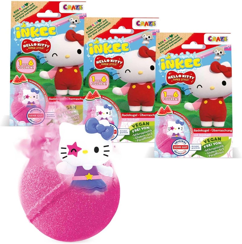 إنكي حزمة INKEE Hello Kitty المكونة من 3 قنابل استحمام للأطفال مع مفاجأة - 3 من أصل 6 تماثيل Hello Kitty للجمع - 3 × قنابل استحمام 80 غرام برائحة البطيخ وزيت الجوجوبا، وردية أو حمراء - Image 1