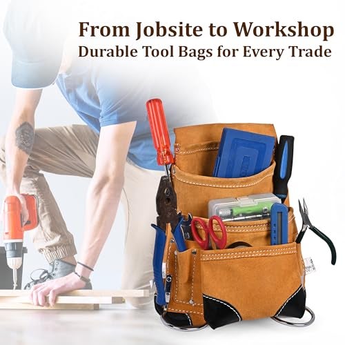 PAHAL Leather Heavy Duty Tool Belt with Suspenders | Multi-Pocket Utility Tool Pouch Apron for Carpenter, Electrician, Technician & Plumber | Professional Work Belt for Men (L14 x W10 Inch) - Image 3