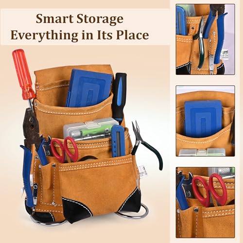 PAHAL Leather Heavy Duty Tool Belt with Suspenders | Multi-Pocket Utility Tool Pouch Apron for Carpenter, Electrician, Technician & Plumber | Professional Work Belt for Men (L14 x W10 Inch) - Image 2