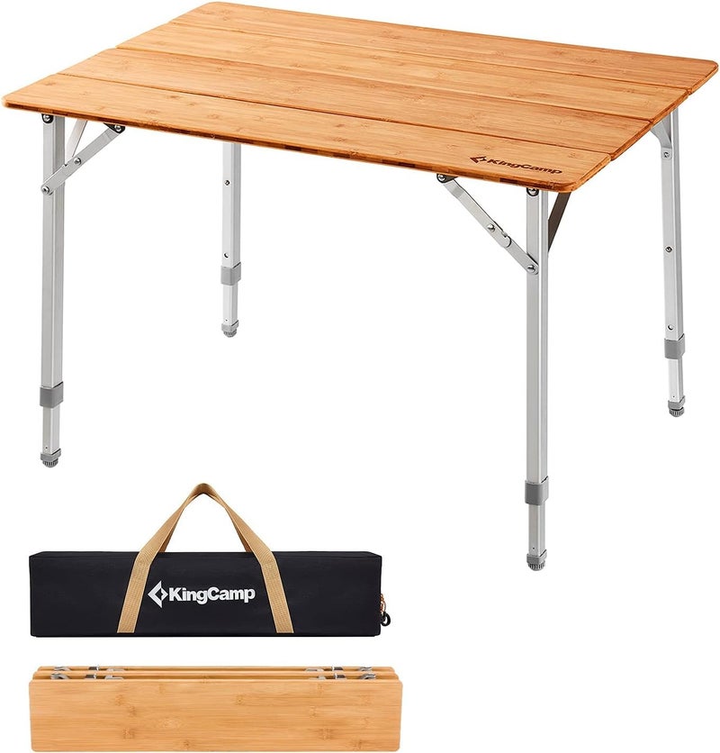 KingCamp Bamboo Folding Table Environmental Camping Table with Adjustable Height Aluminum Legs Heavy Duty 4Folds Portable Camp Tables for Travel Picnic Party Beach 12 People