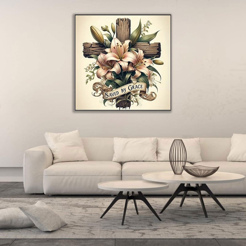 CHWGLFGG 5D Cross Diamond Art Kits for Adults Beginners,DIY Full Round Drill Diamond Painting Kits Religious Cross With Lily Flowers, Paint by Diamonds Dot Gem Art Crystal Easy,Home Wall Decor 13.7X13.7Inch - Image 5