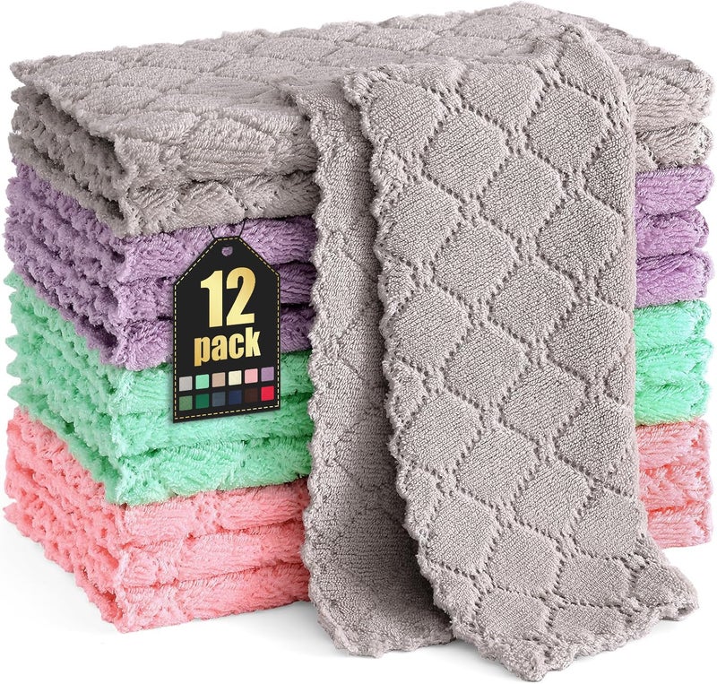 Homaxy 12 Pack Kitchen Dish Cloths 10 x 10 Inches Multi Color Super Soft and Absorbent Coral Velvet Dish Towels Nonstick Oil Fast Drying Microfiber Cleaning Cloth No Lint Household Dishcloths