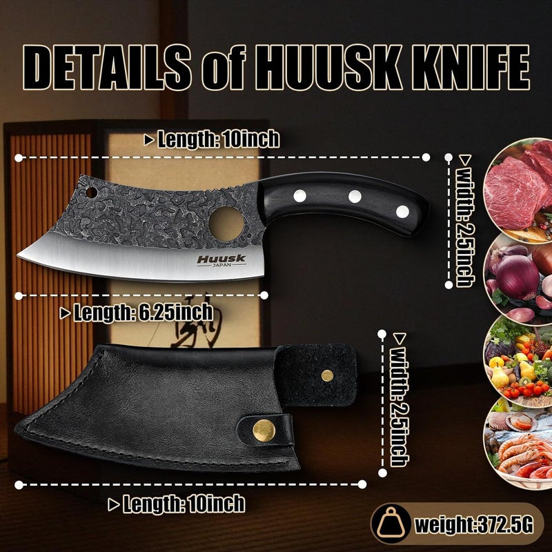 Huusk Knives Japan, Hand Forged Meat Cleaver Knife with Sheath, High Carbon Steel Kitchen Knife for Meat and Vegetables, Full Tang Butcher Knife for Camping, BBQ, Christmas Gift for Men and Women - Image 5