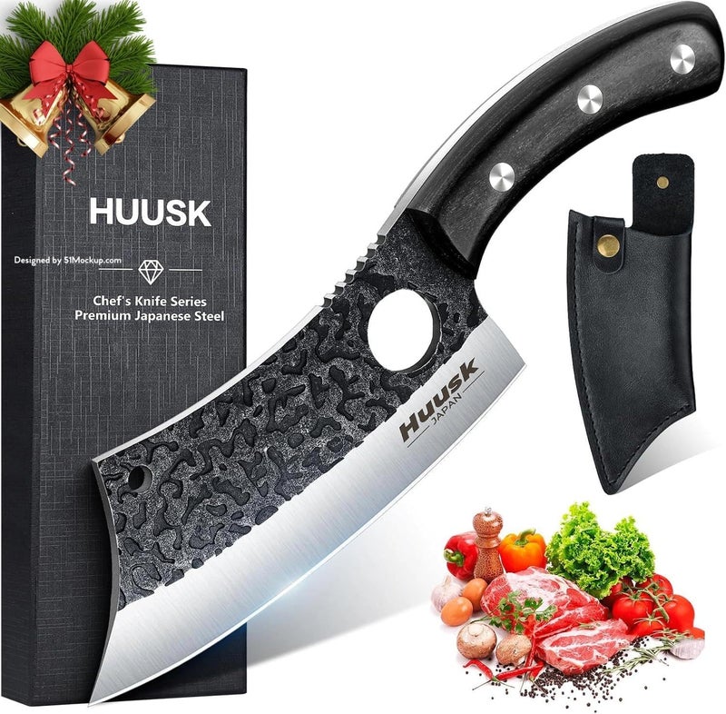 Huusk Knives Japan, Hand Forged Meat Cleaver Knife with Sheath, High Carbon Steel Kitchen Knife for Meat and Vegetables, Full Tang Butcher Knife for Camping, BBQ, Christmas Gift for Men and Women - Image 1