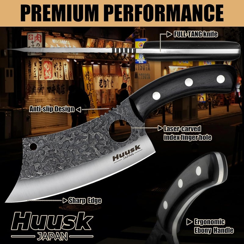 Huusk Knives Japan, Hand Forged Meat Cleaver Knife with Sheath, High Carbon Steel Kitchen Knife for Meat and Vegetables, Full Tang Butcher Knife for Camping, BBQ, Christmas Gift for Men and Women - Image 4